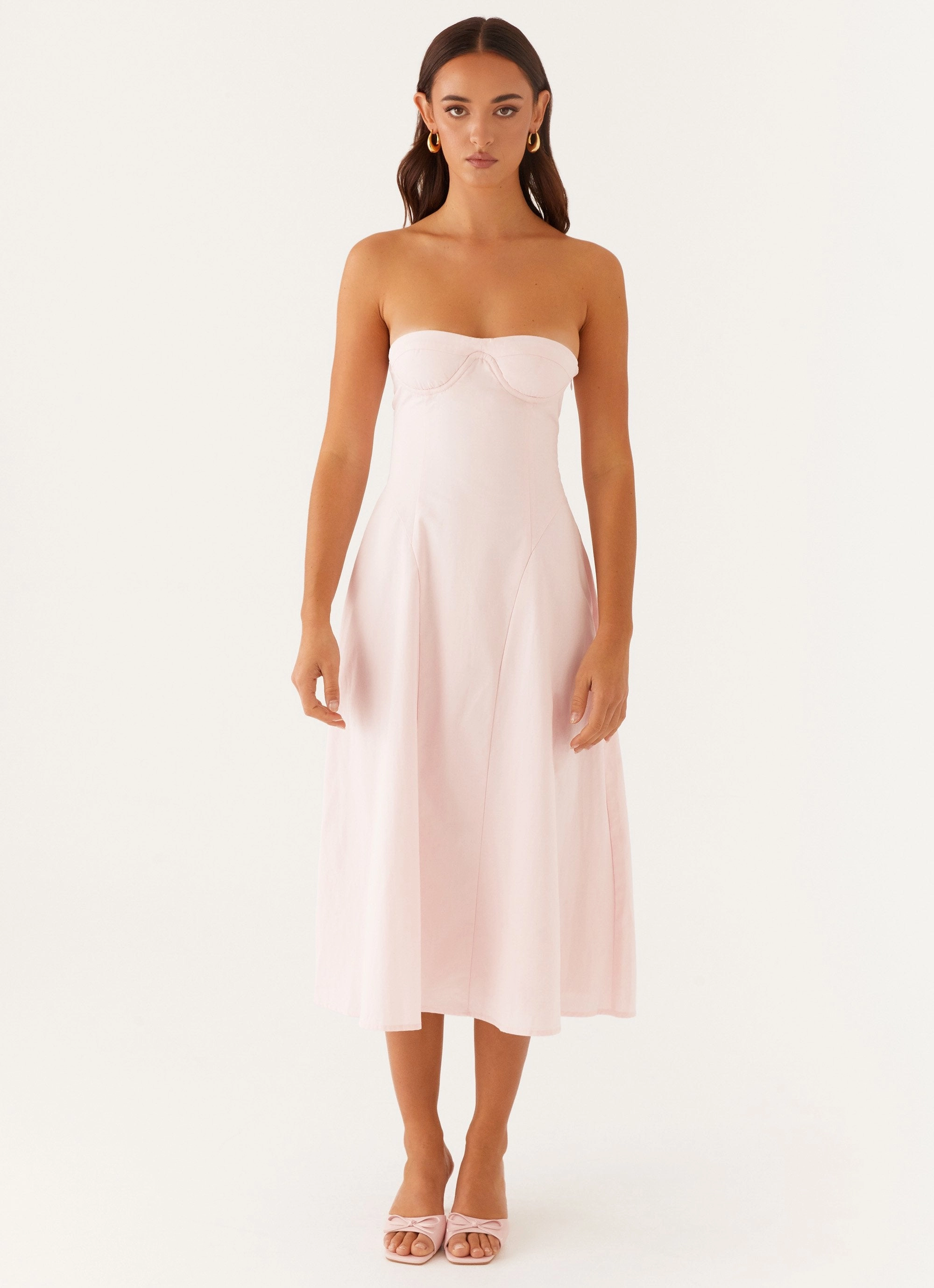 Flare Swing Collared Maika Strapless Midi Dress - Pink