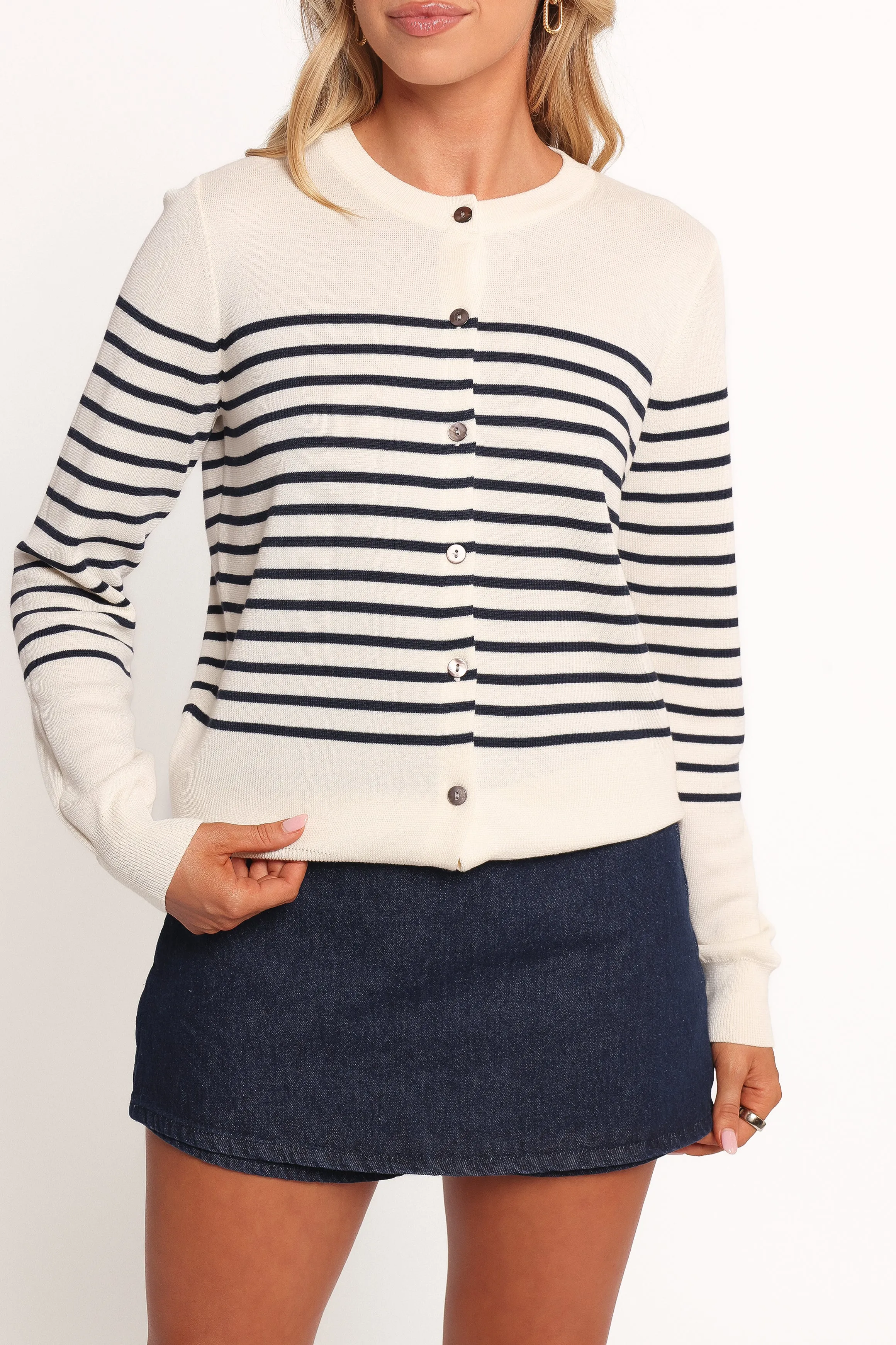 Weekend Comfort Drop Shoulder Style Gavi Button Front Striped Cardigan - Off White/Navy