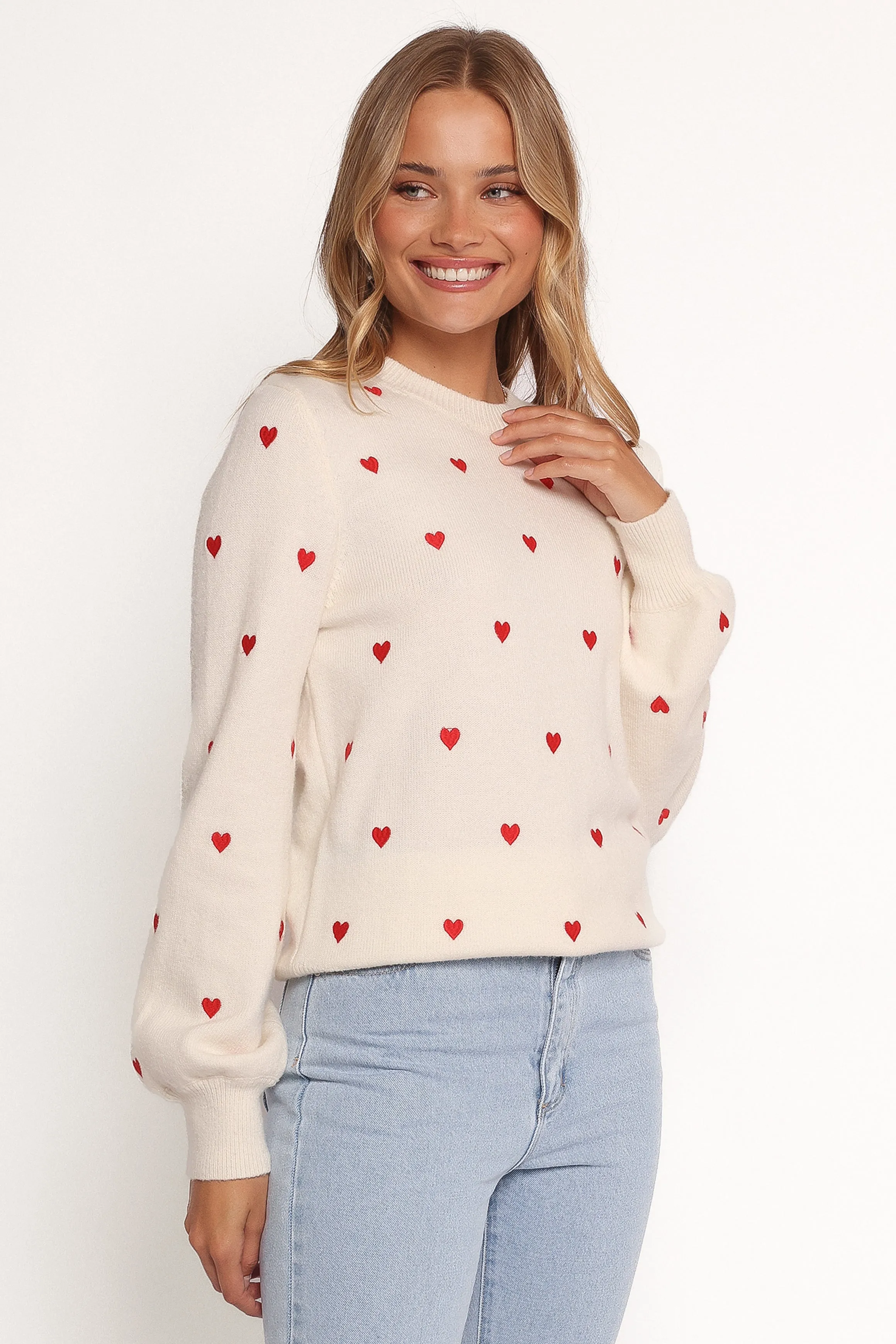 Cold Weather Xadie All Over Mini Heart Sweater - Cream/Red