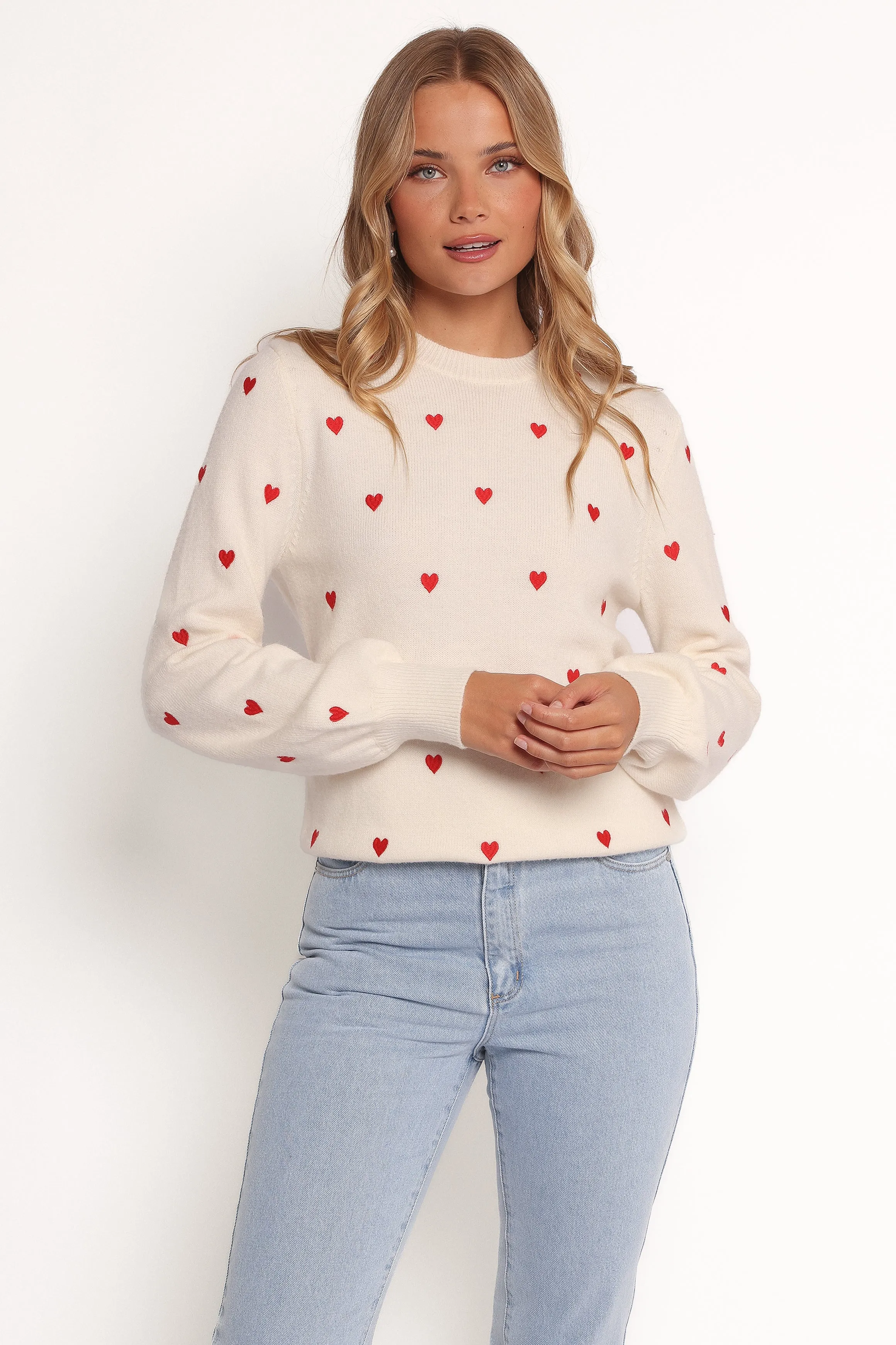FineGauge Knit Xadie All Over Mini Heart Sweater - Cream/Red