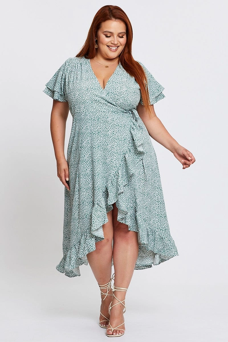 Geo Print Midi Dress Short Sleeve Ruffle Hem Curvy Glam Vibrant fit