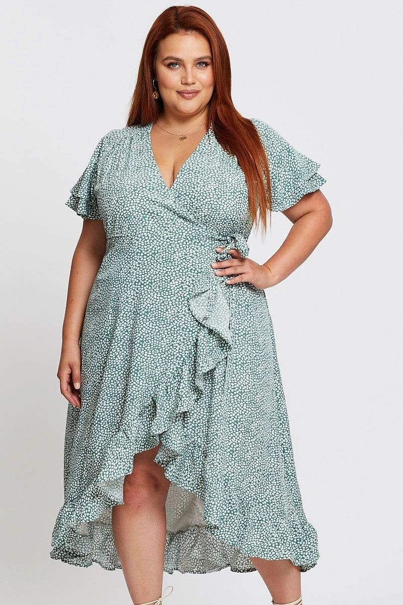 Geo Print Midi Dress Short Sleeve Ruffle Hem Plus Fit EcoFriendlyDye