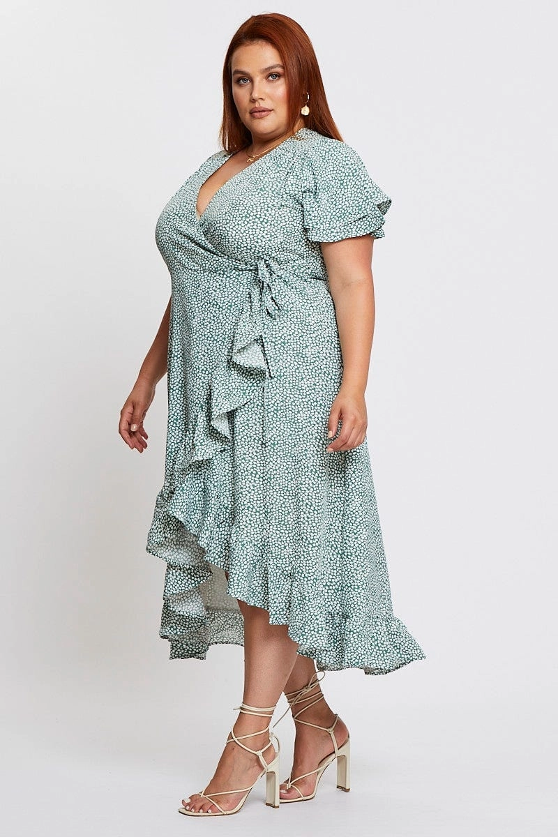 Crystal-Detail Contemporary Layer Geo Print Midi Dress Short Sleeve Ruffle Hem