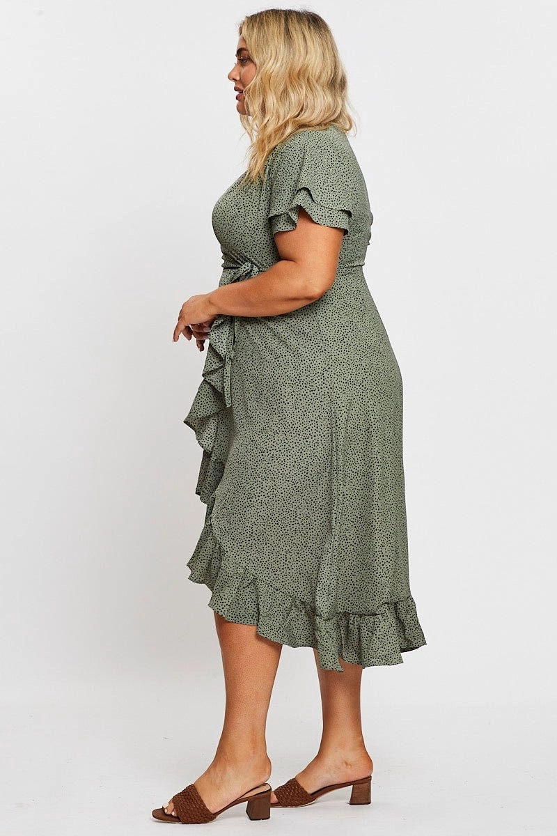 Japan Line Wide Swing Geo Print Midi Dress Short Sleeve Ruffle Hem