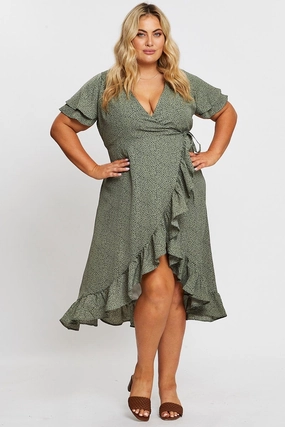 Geo Print Midi Dress Short Sleeve Ruffle Hem tailored look Easy Pretty