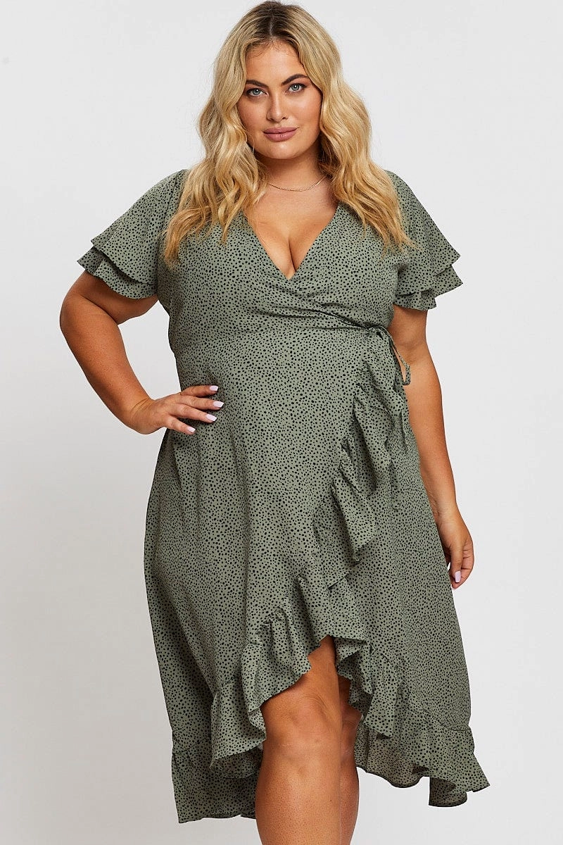 Geo Print Midi Dress Short Sleeve Ruffle Hem Sophisticated Vibe Smart Glide