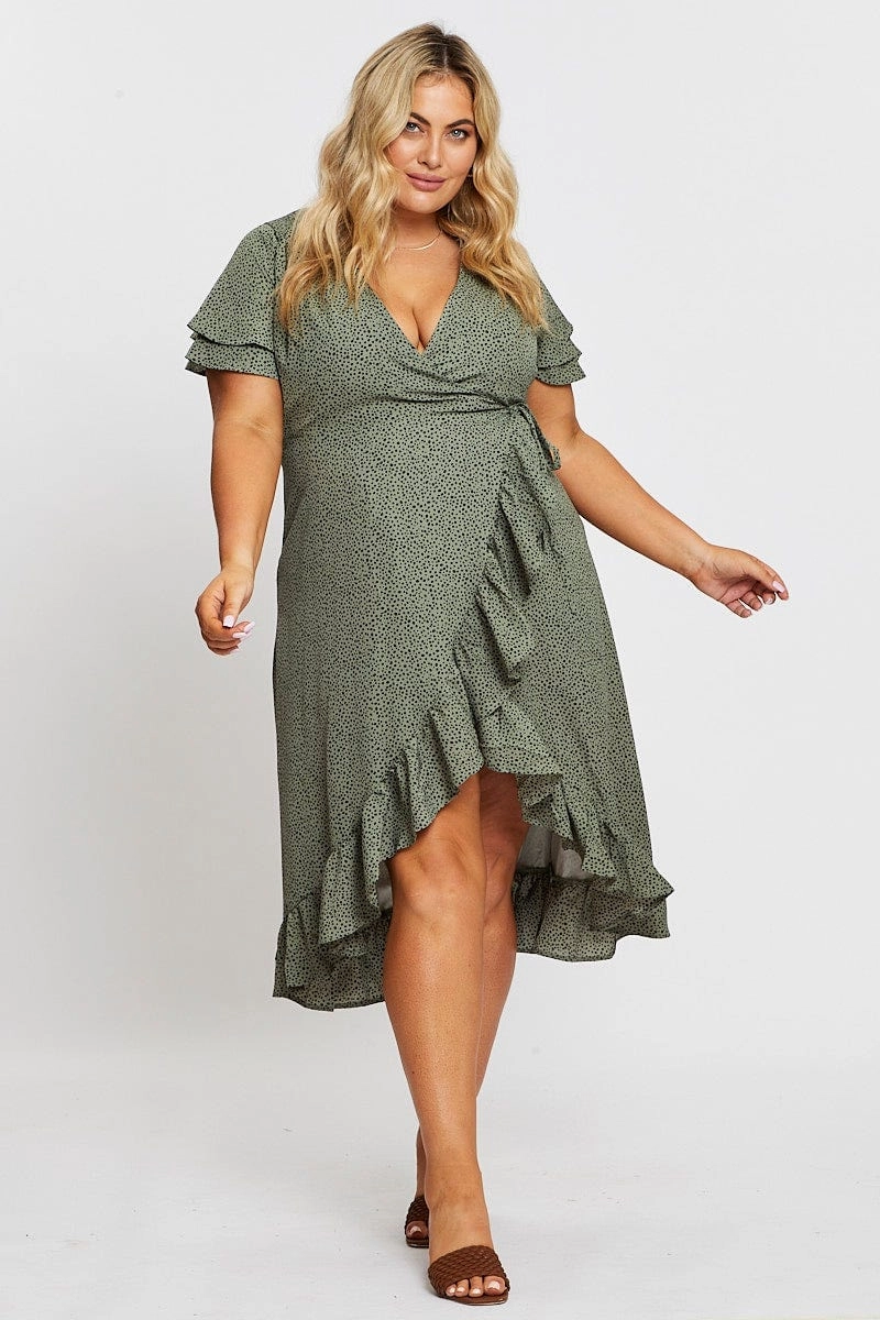 Geo Print Midi Dress Short Sleeve Ruffle Hem Subtle Fit