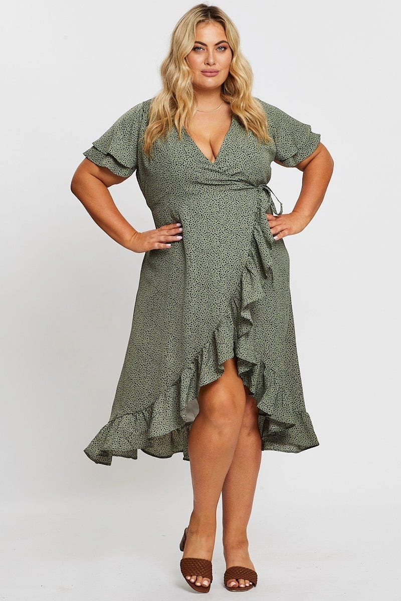 Geo Print Midi Dress Short Sleeve Ruffle Hem tailored look Easy Pretty