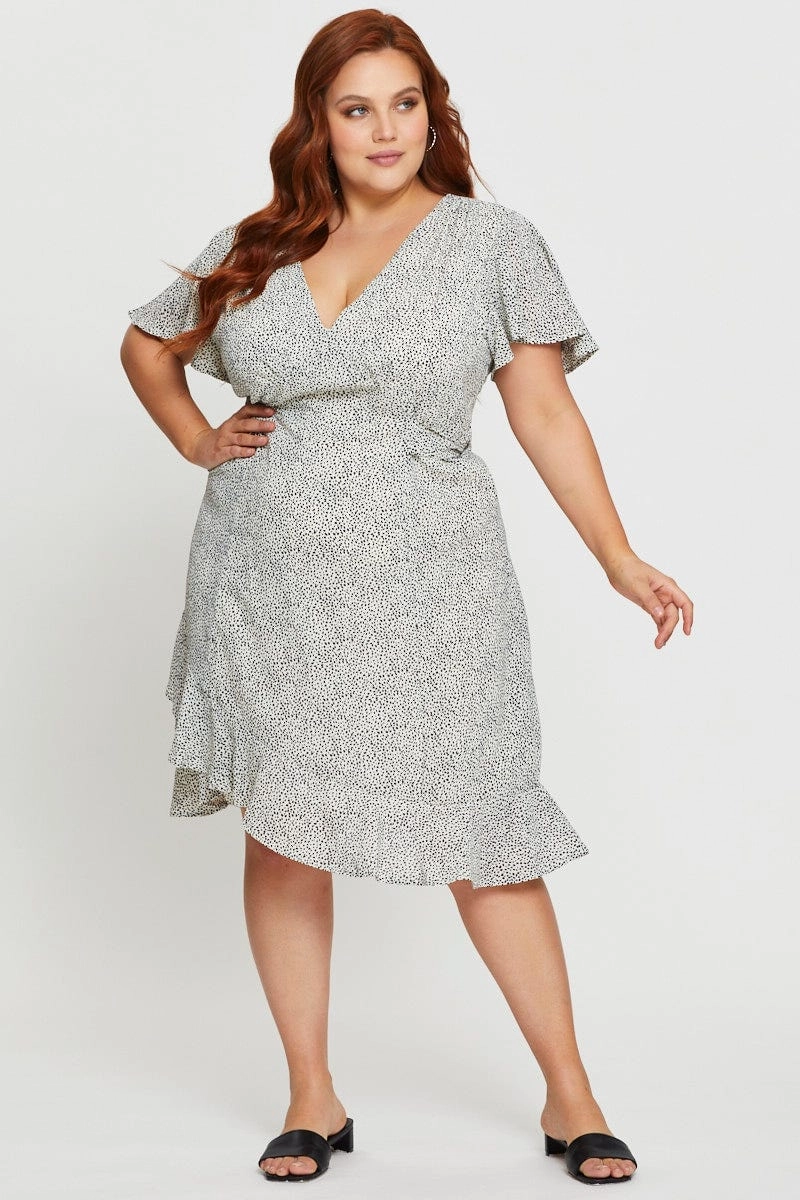 Sheer Layer Geo Print Midi Dress V-neck Short Sleeve