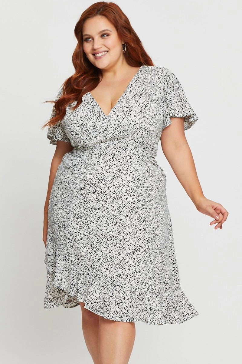 Edgy Twist Geo Print Midi Dress V-neck Short Sleeve
