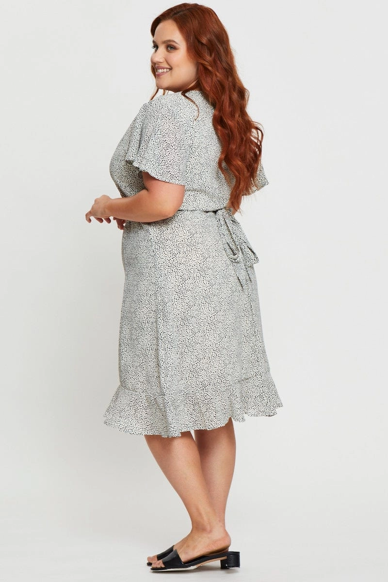 Gentle Stitch Flowing Fit Geo Print Midi Dress V-neck Short Sleeve