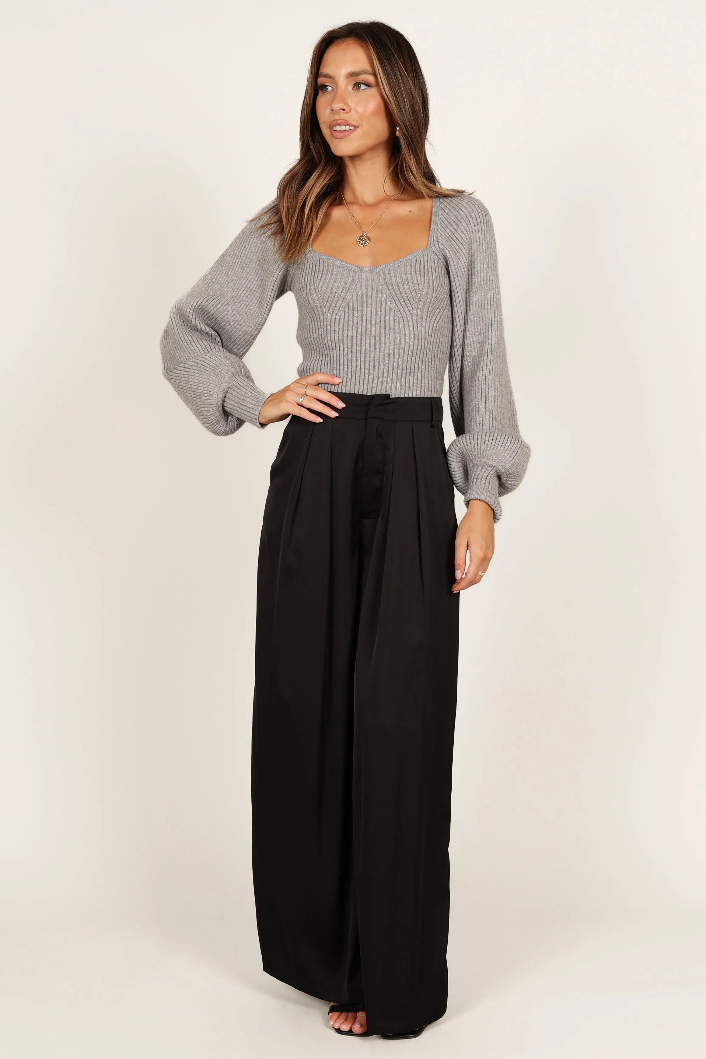 Gia Sweetheart Neck Bell Sleeve Knit Sweater - Light Grey Ventilated Panels Minimalist Stitching