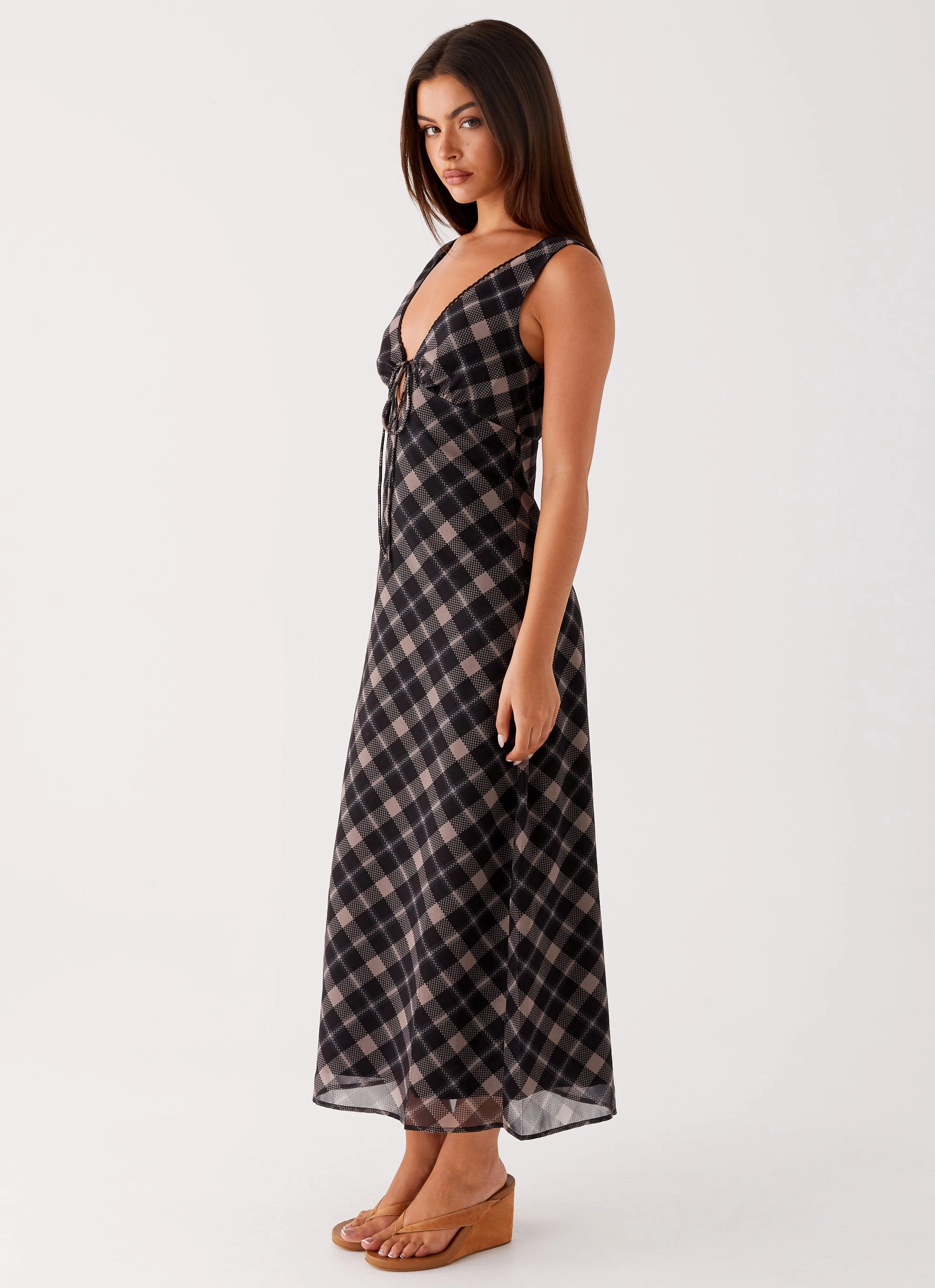 Interchangeable-Detail Non-Iron Gianna Midi Dress - Taupe Check
