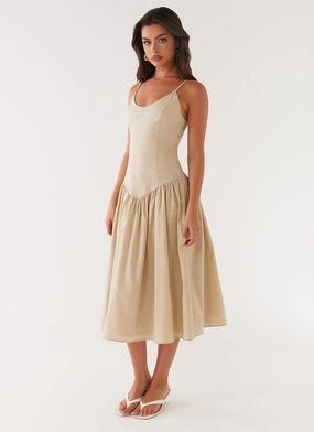 Azalea Midi Dress - Beige Lightweight-Lining Elastic-Cuff