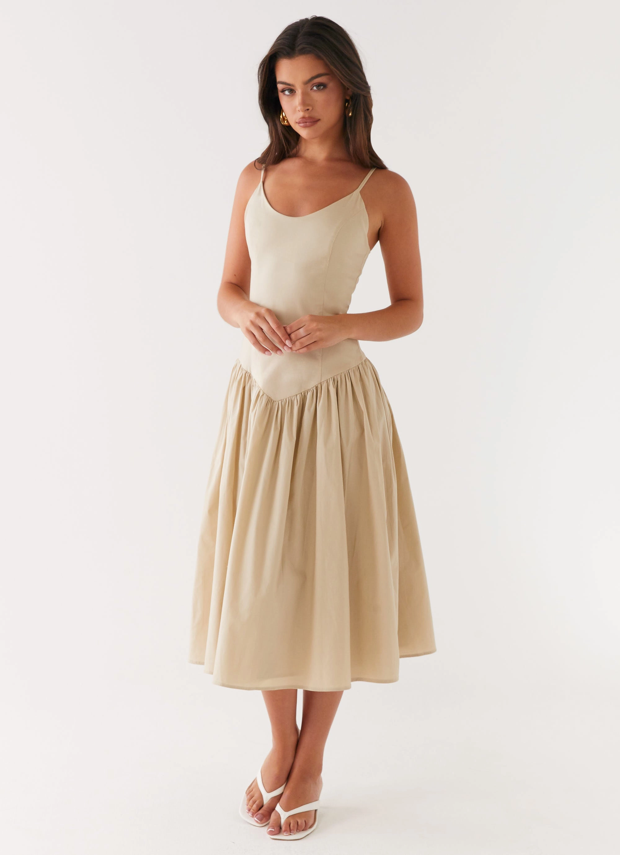 Flattering Comfort Wear Wedding-Guest Azalea Midi Dress - Beige