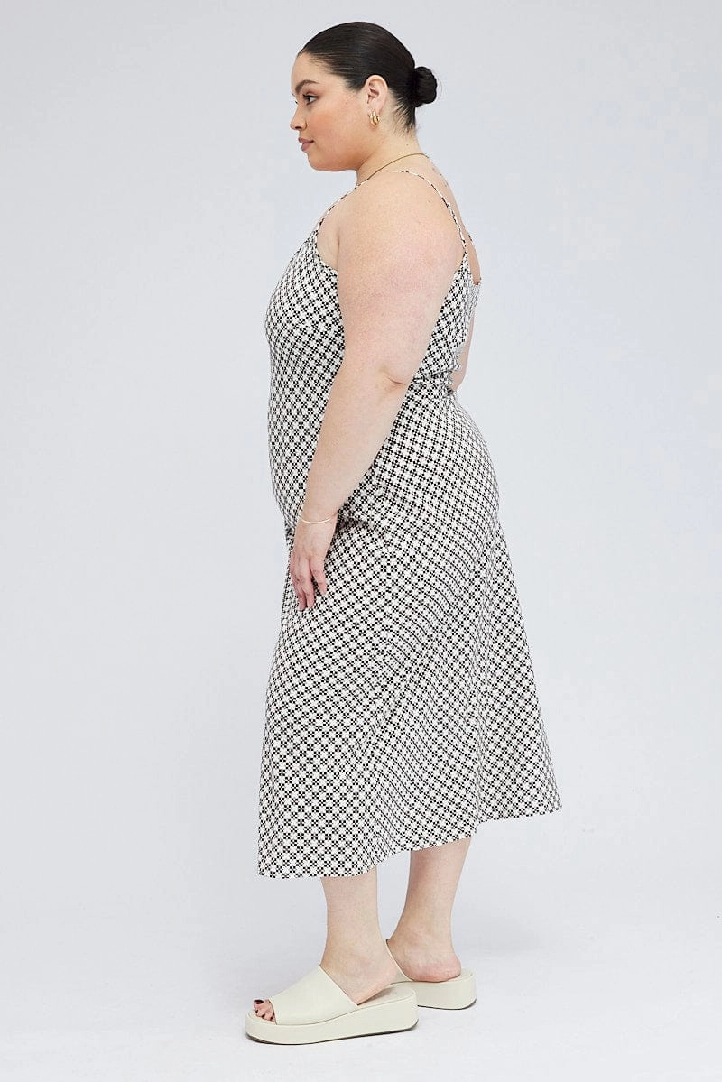 Pure Fit Puff-Sleeve Brown Geo Midi Slip Dress Linen Blend