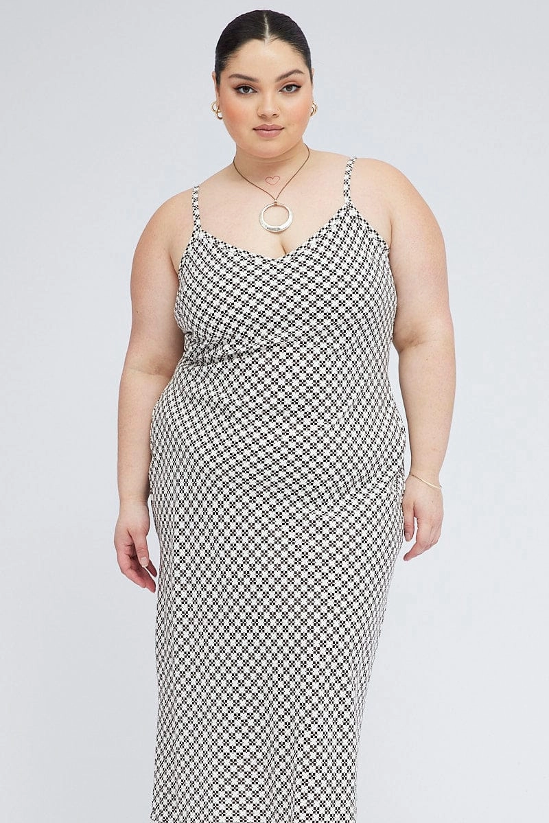 Brown Geo Midi Slip Dress Linen Blend Date Vibe Sharp Style