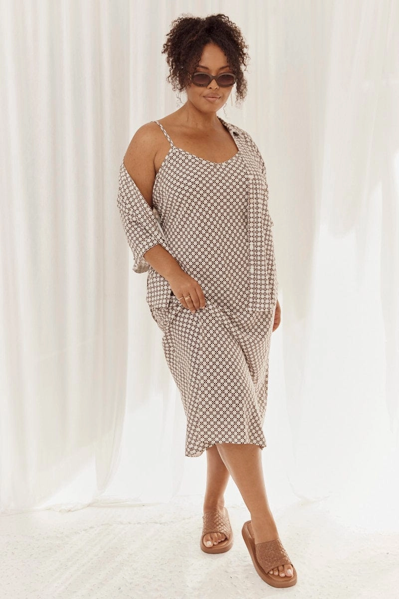 Brown Geo Midi Slip Dress Linen Blend Flattering and Chic Chill Fashion