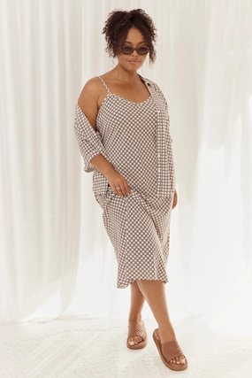 Brown Geo Midi Slip Dress Linen Blend Flattering and Chic Chill Fashion