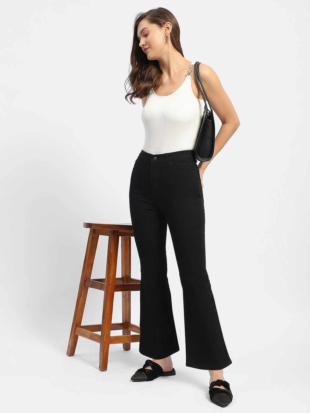 Madame Solid Black Flared Denim Jeans Party Look Modern Minimalist Trendy Fit