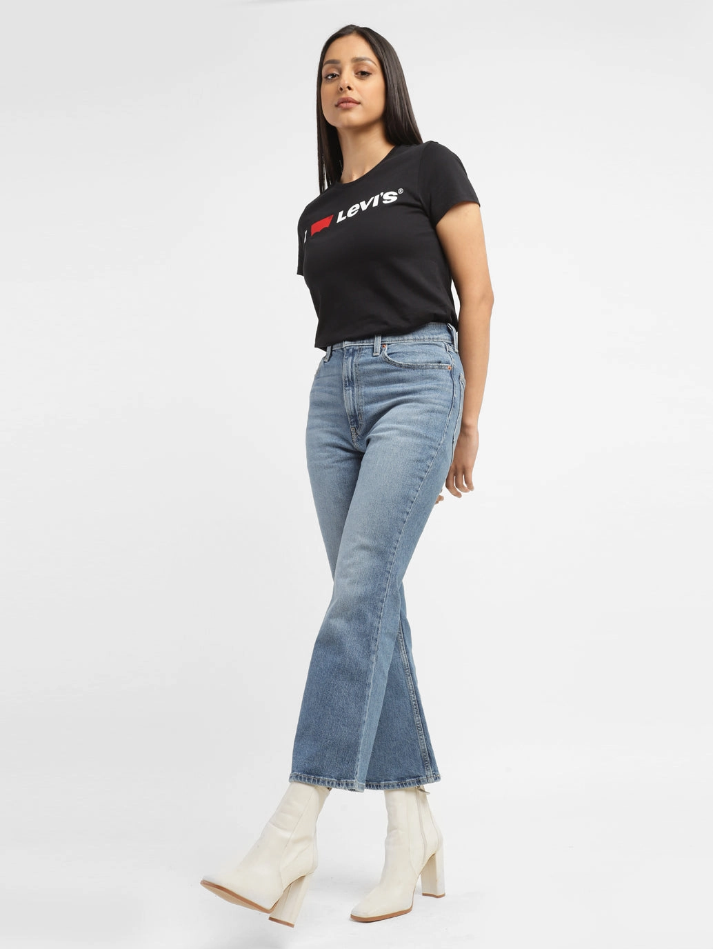 No Fade Look Flexible Waist Women's 70s Blue Flared Fit High Rise Jeans