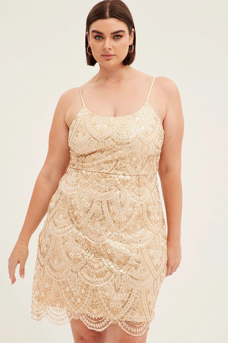 Gold Mini Dress Shoestring Strap Scalloped Hem Sequin Trendy Appearance Flawless Waistband
