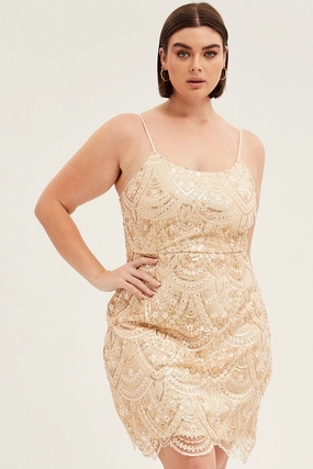 Gold Mini Dress Shoestring Strap Scalloped Hem Sequin Refined Vibe Young Edge