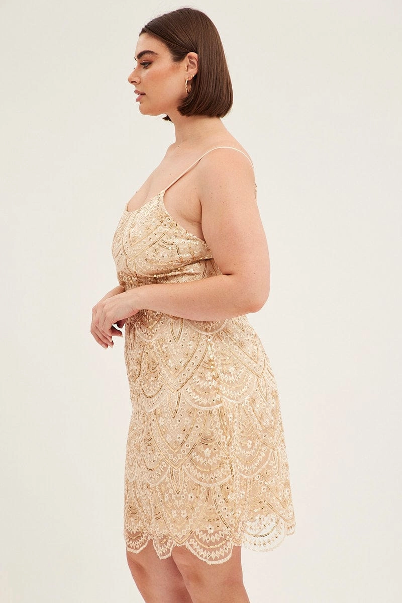 Neutral-Shade Chic Waist Design Gold Mini Dress Shoestring Strap Scalloped Hem Sequin