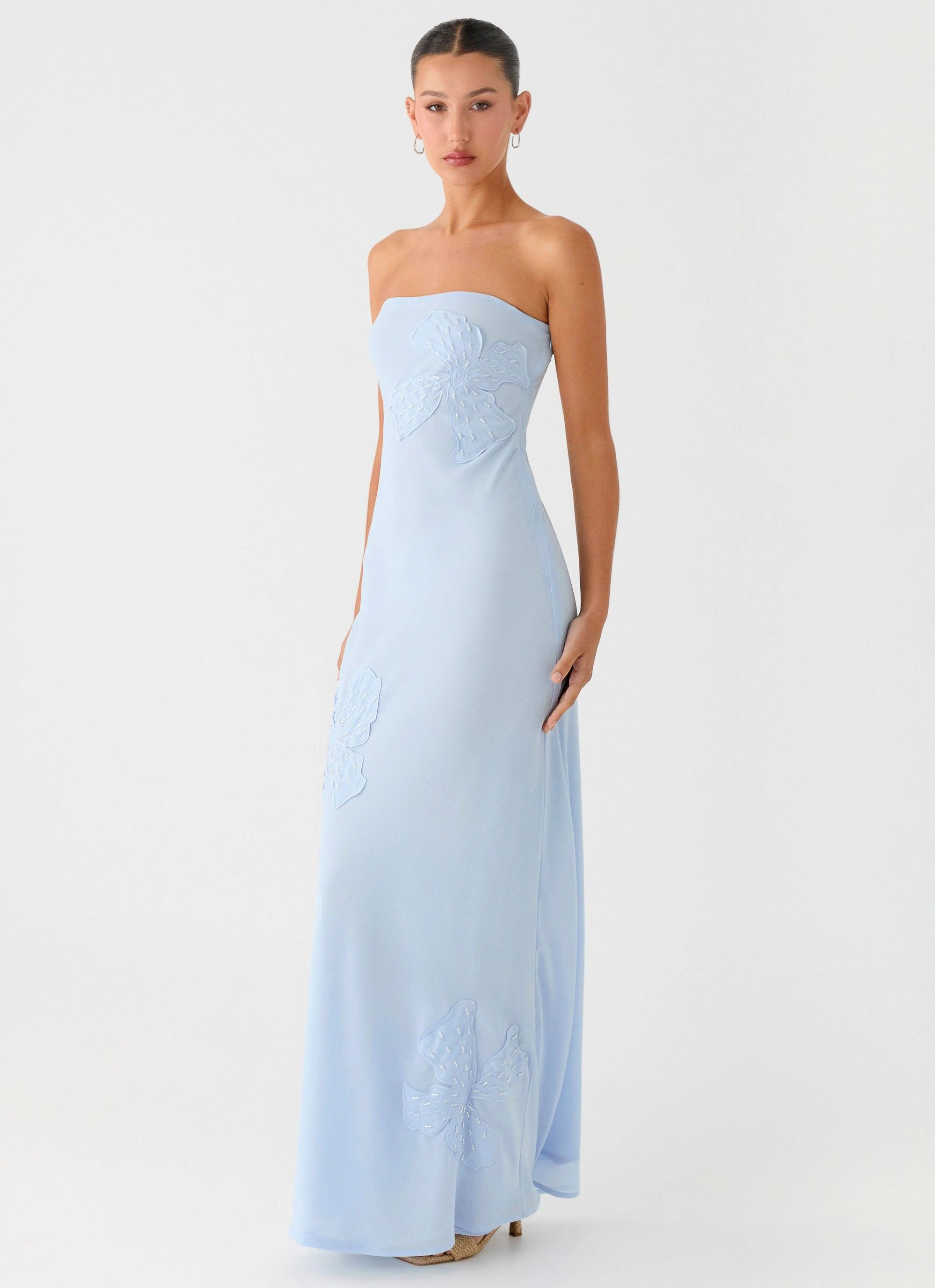 Sassafras Beaded Flower Strapless Maxi Dress - Blue Pop Texture Side Slit