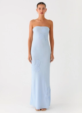 Sassafras Beaded Flower Strapless Maxi Dress - Blue Daytime Look Work-Ready Look