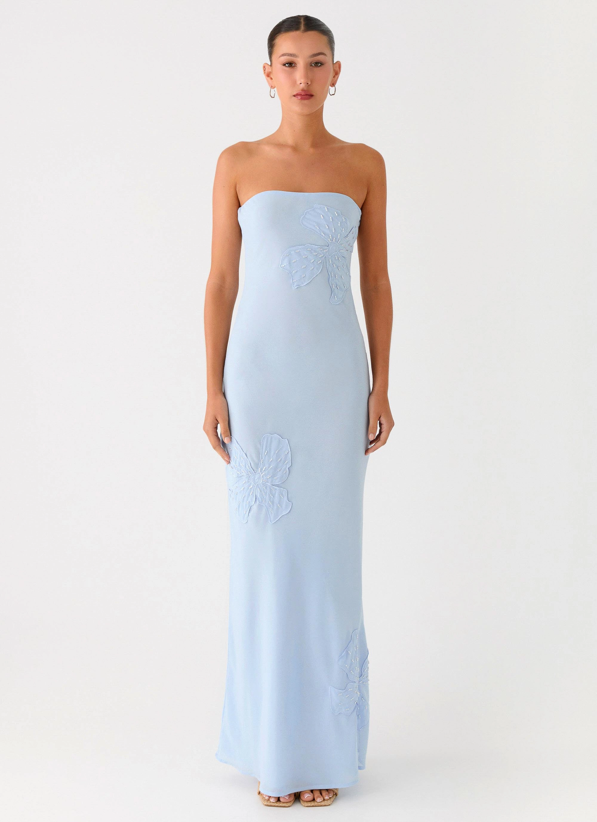 Sassafras Beaded Flower Strapless Maxi Dress - Blue Daytime Look Work-Ready Look