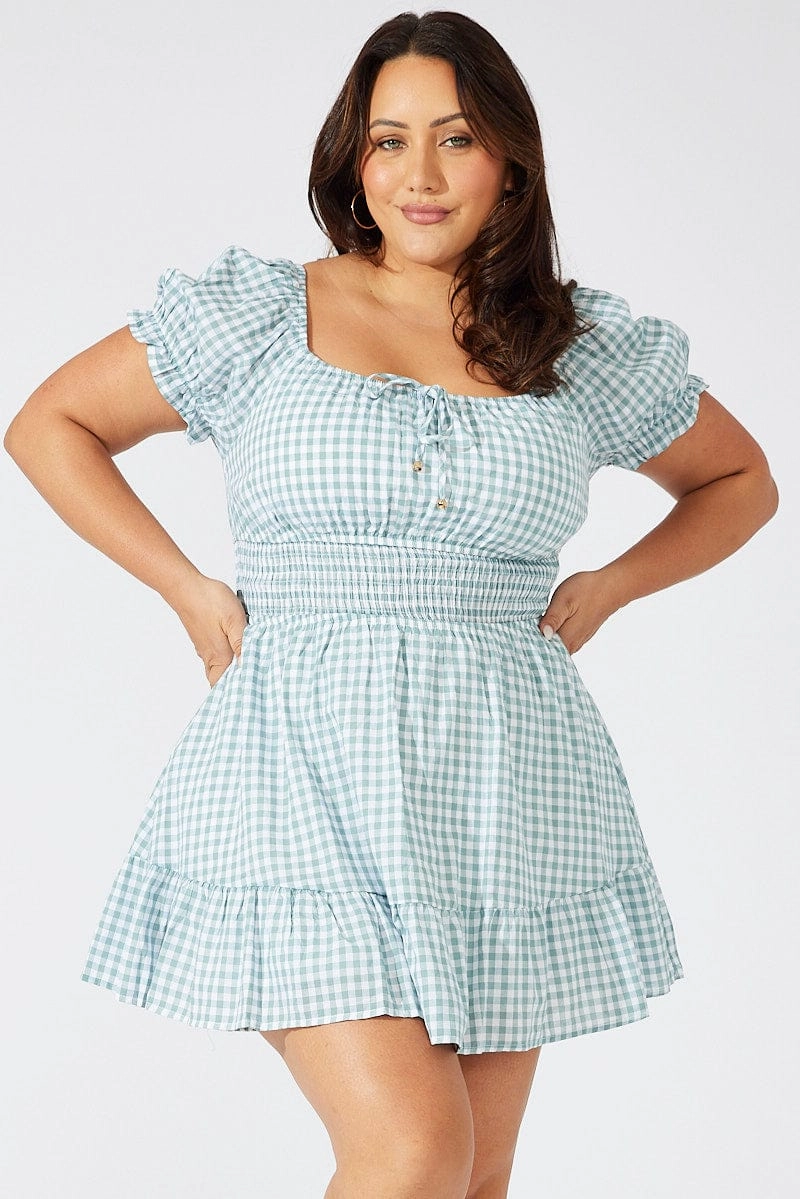 Green Check Fit And Flare Dress Short Sleeve Shirred Waist Airy Drape Warm Pink