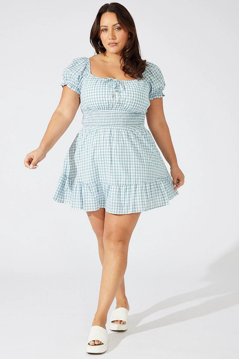 Green Check Fit And Flare Dress Short Sleeve Shirred Waist Inner Feel