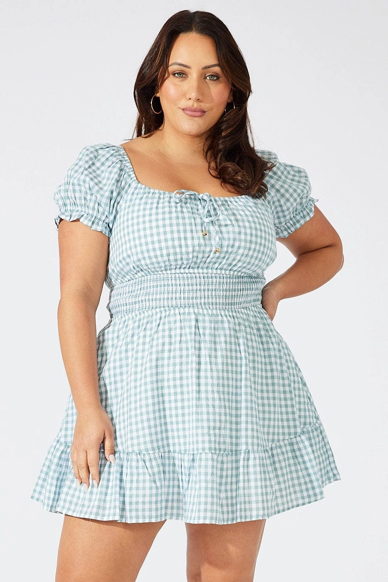 Green Check Fit And Flare Dress Short Sleeve Shirred Waist ContrastStitching