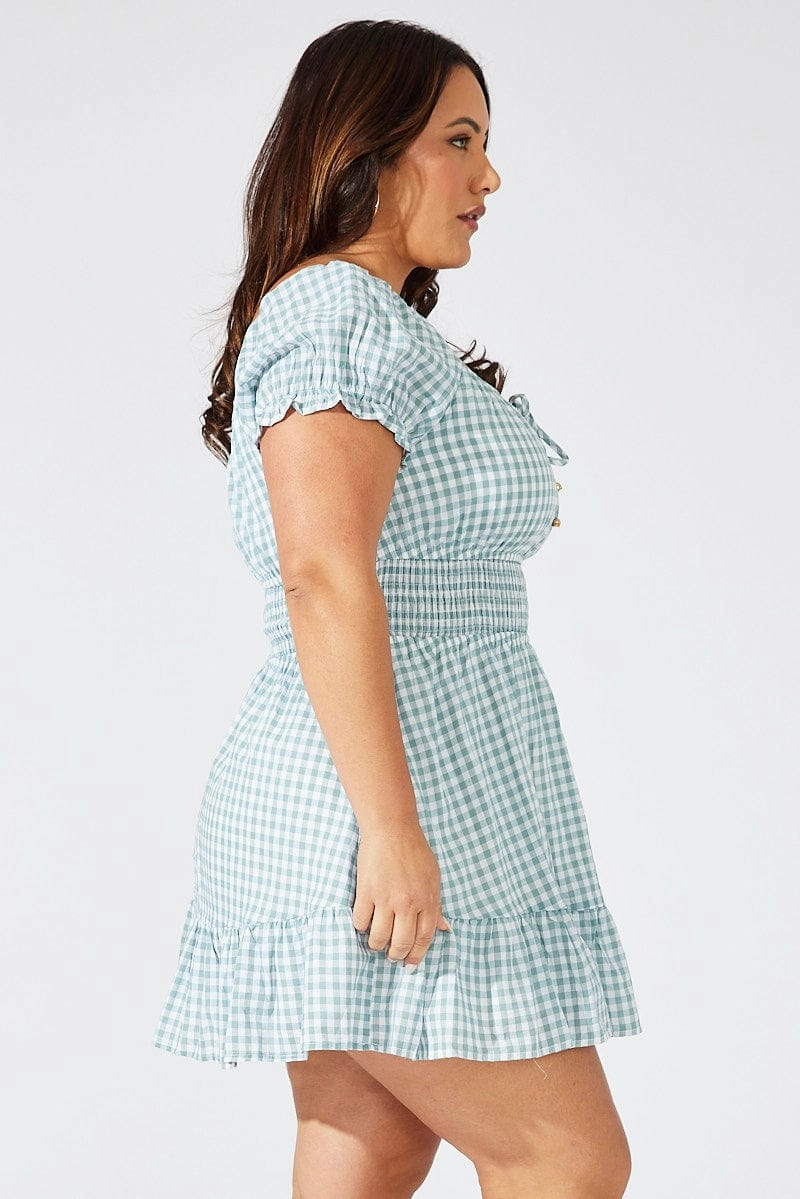 Green Check Fit And Flare Dress Short Sleeve Shirred Waist Calm Lines