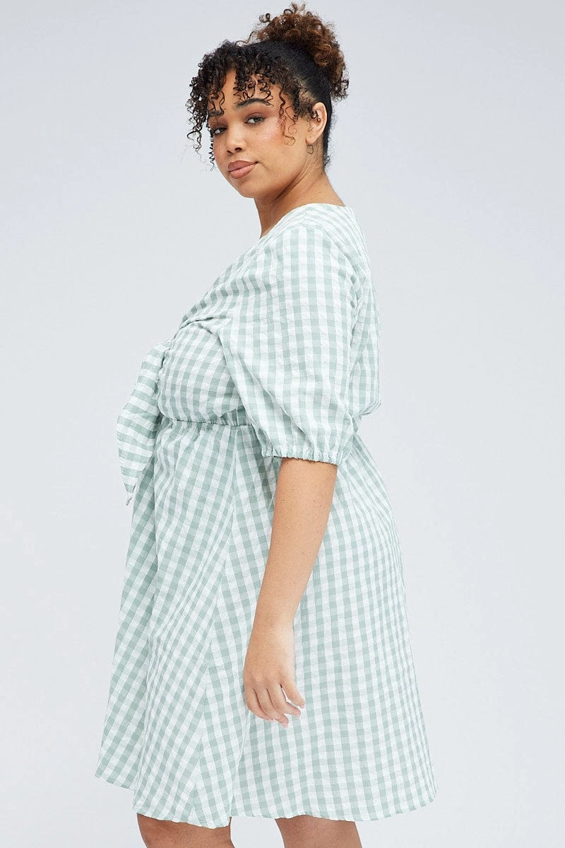 Green Check Mini Dress Tie Gingham Puff Sleeve Farm Scene Flattering Waist Design