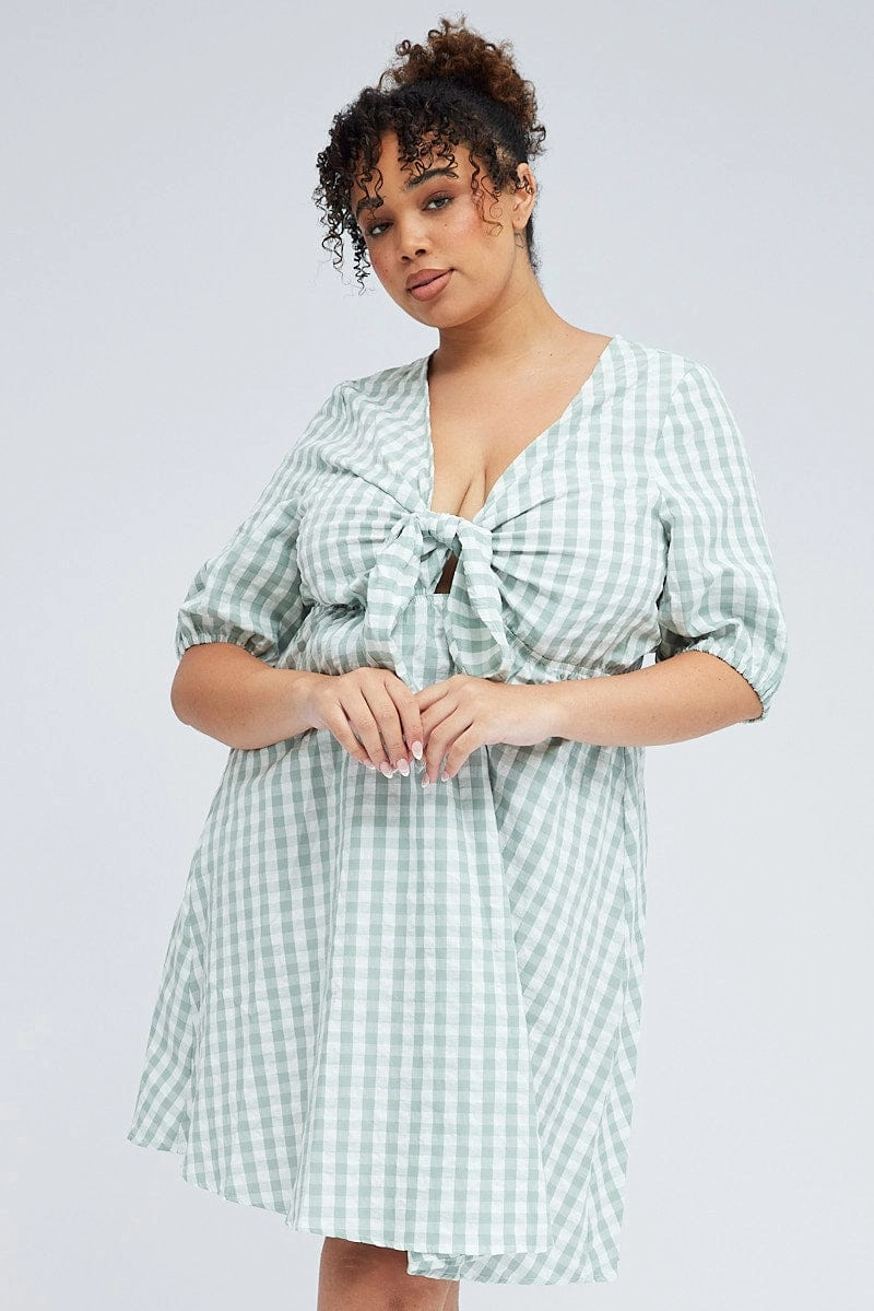 Silky Drape Clean Finish Green Check Mini Dress Tie Gingham Puff Sleeve