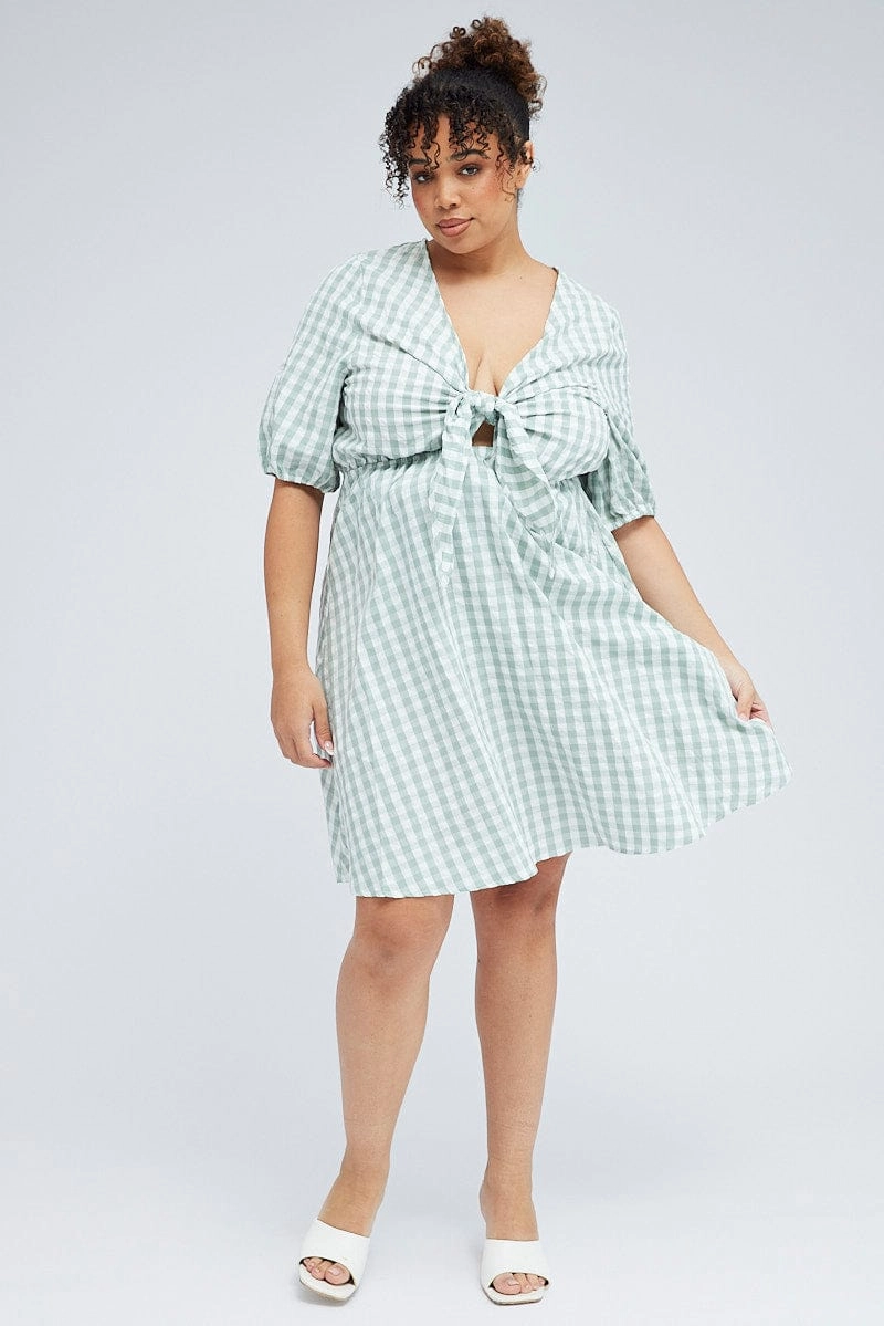 Layer Light Green Check Mini Dress Tie Gingham Puff Sleeve