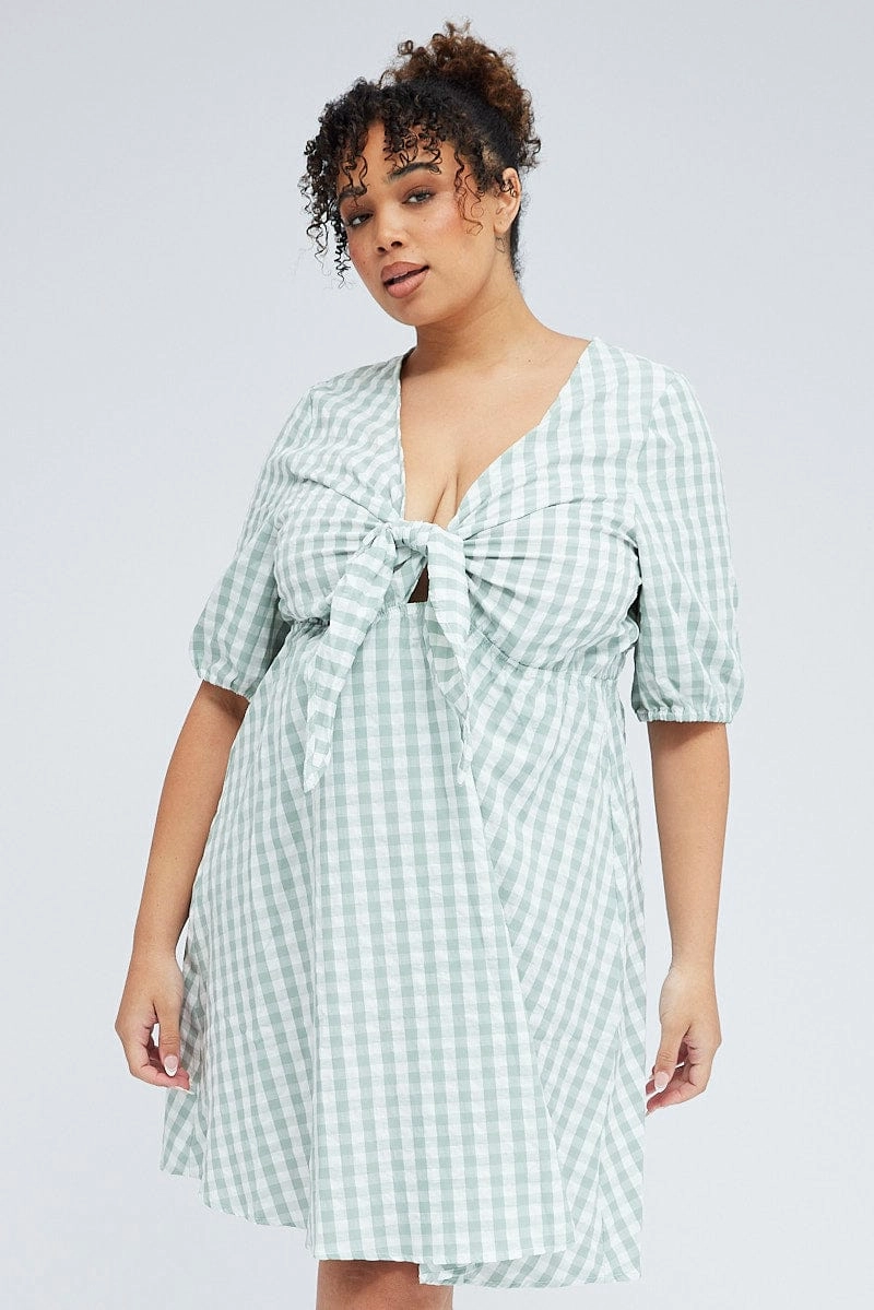 Beaded-Edge Green Check Mini Dress Tie Gingham Puff Sleeve