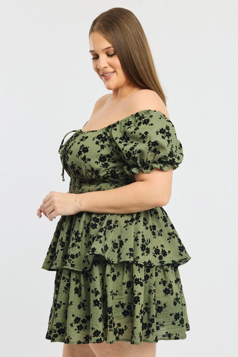 Green Ditsy Puff Sleeve Shirred Waist Minidress Ankle-length