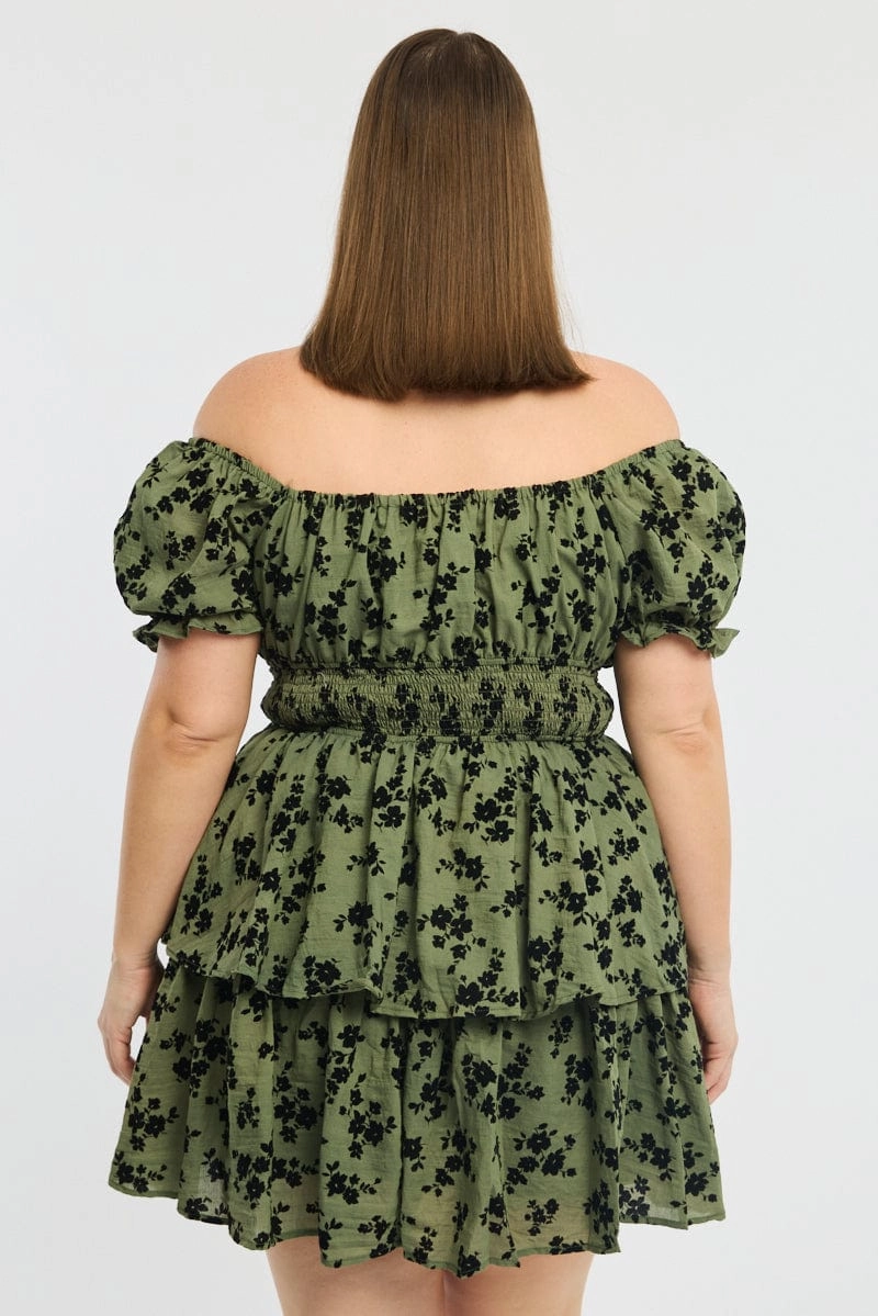 Sheer Element Textured Flow Green Ditsy Puff Sleeve Shirred Waist Minidress