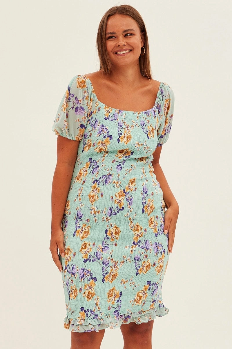 Understated Charm Hip-Flattering Green Floral Bodycon Dress Short Sleeve Off Shoulder Shirred