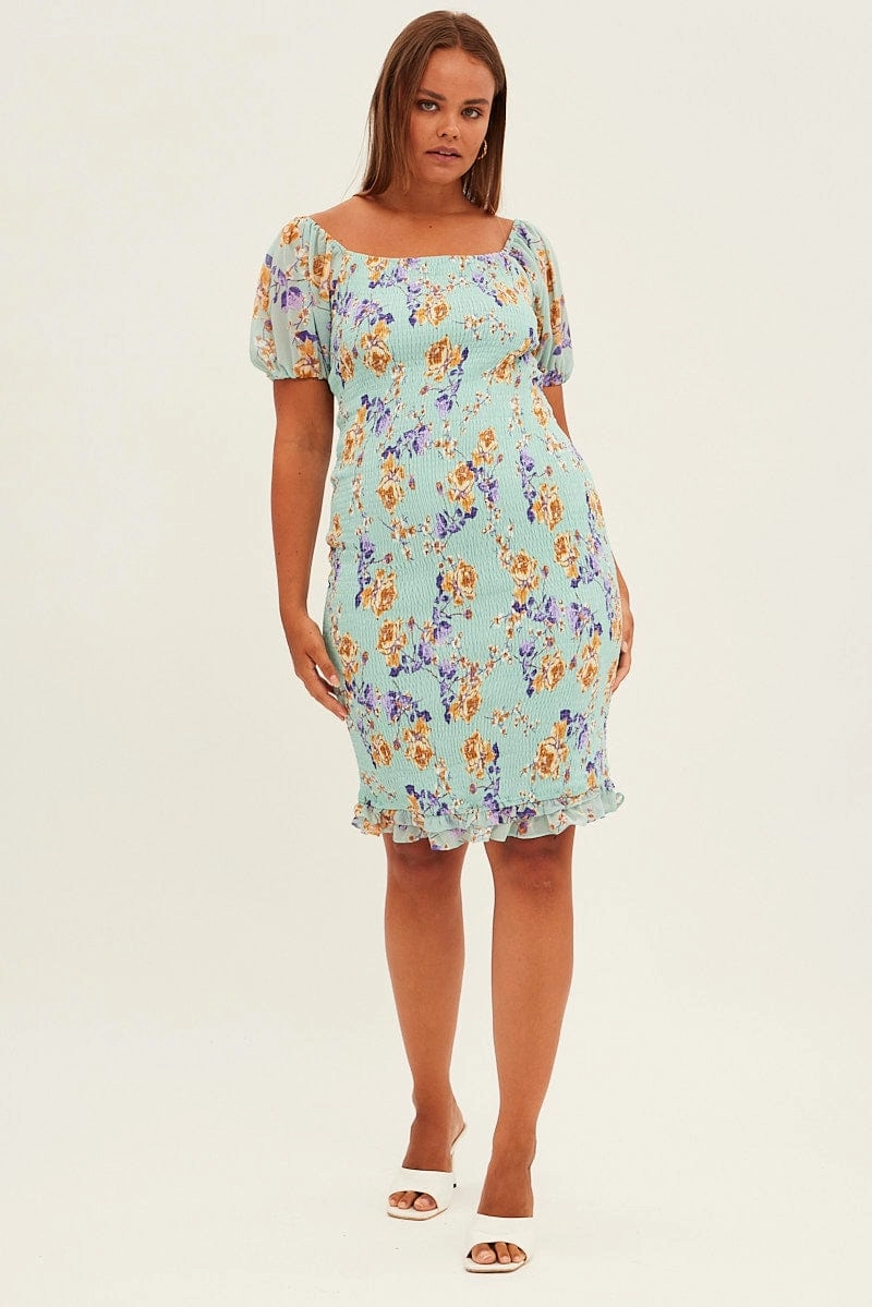 Motion Light Green Floral Bodycon Dress Short Sleeve Off Shoulder Shirred