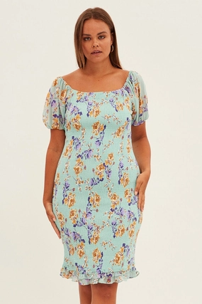 Green Floral Bodycon Dress Short Sleeve Off Shoulder Shirred Light Flow