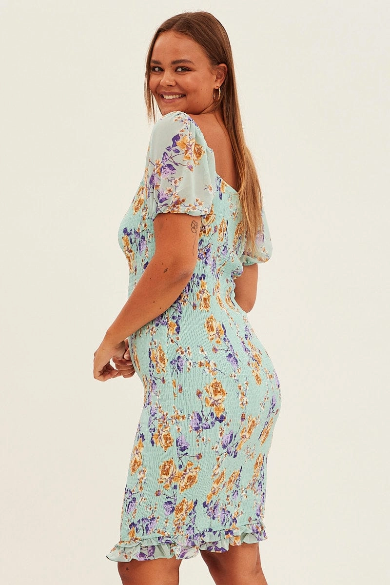 Light And Airy Green Floral Bodycon Dress Short Sleeve Off Shoulder Shirred