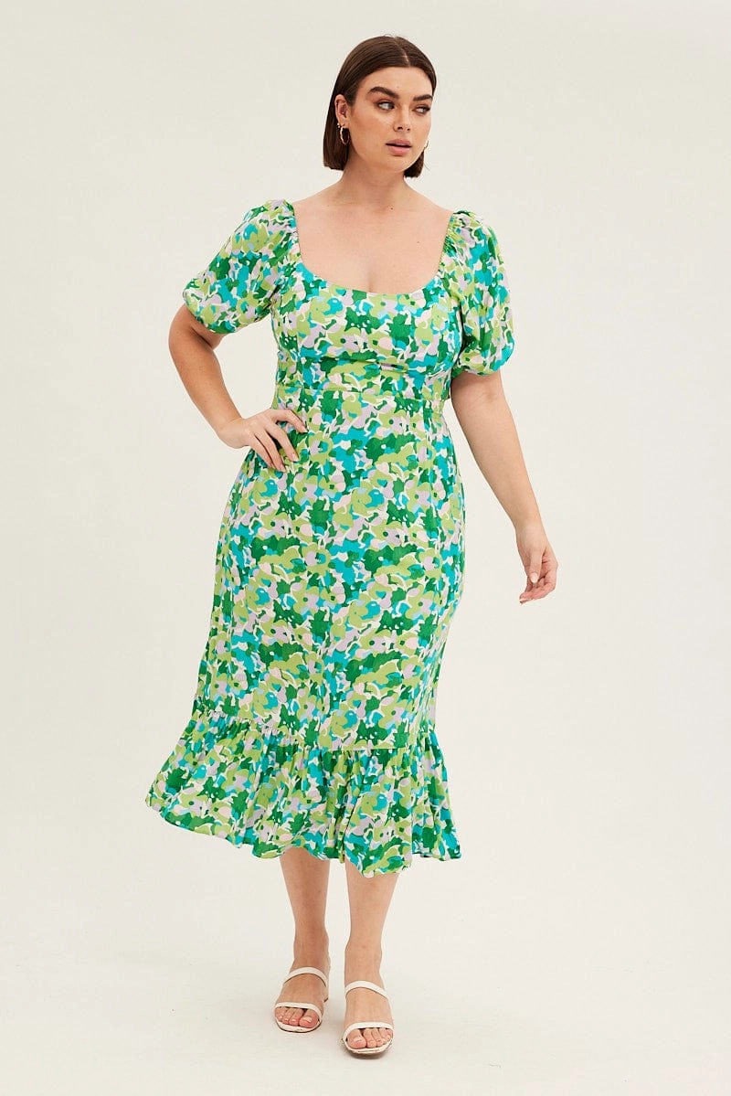 Green Floral Midi Dress Puff Sleeve Tie Front Rayon Evening Motion