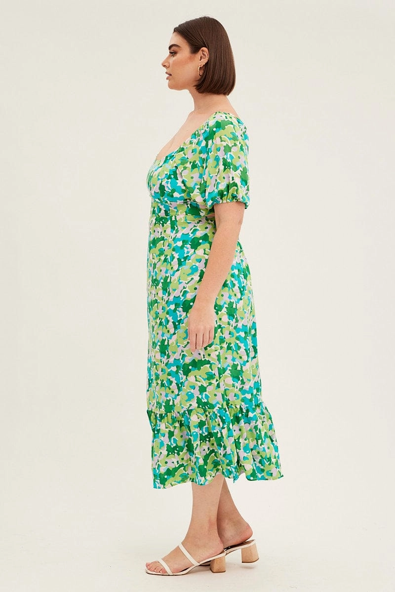 Minimalist Waistband Bride Friend Green Floral Midi Dress Puff Sleeve Tie Front Rayon