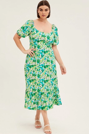 Green Floral Midi Dress Puff Sleeve Tie Front Rayon Layer Safe