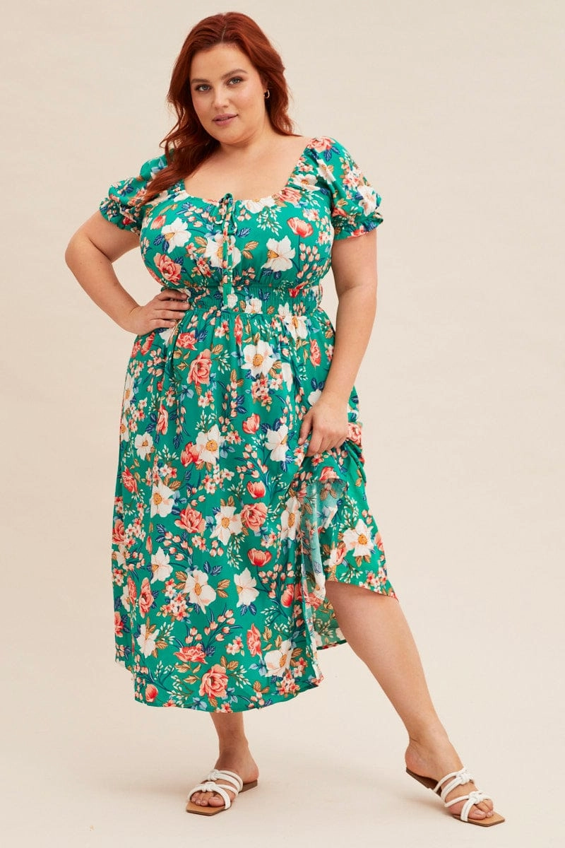 Green Floral Short Puff Sleeve Midi Slit Dress Elegant Mood