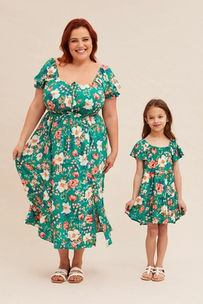 Luxe Mood Gemstone-Detail Green Floral Short Puff Sleeve Midi Slit Dress